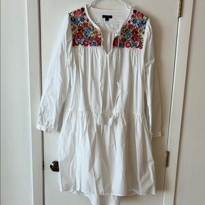 White Drop Waist Dress with Embroidered Flowers